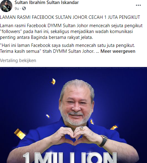 Sultan Ibrahim Facebook 1 Miljoen Volgers Screenshot