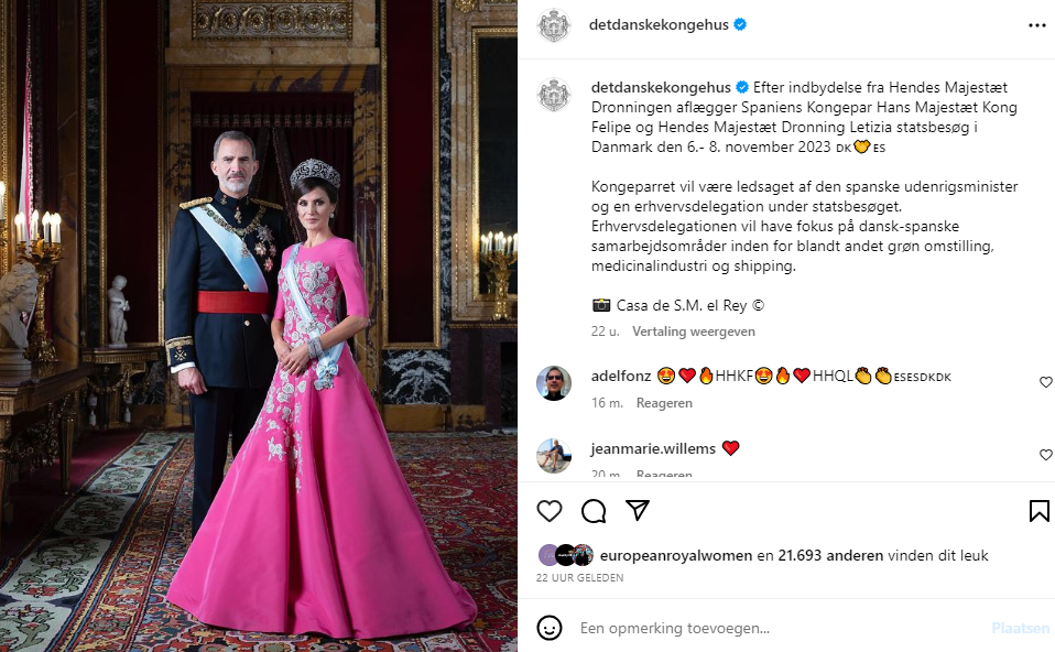 Aankondiging Staatsbezoek Spanje Aan Denemarken Screenshot Instagram Oktober 2023